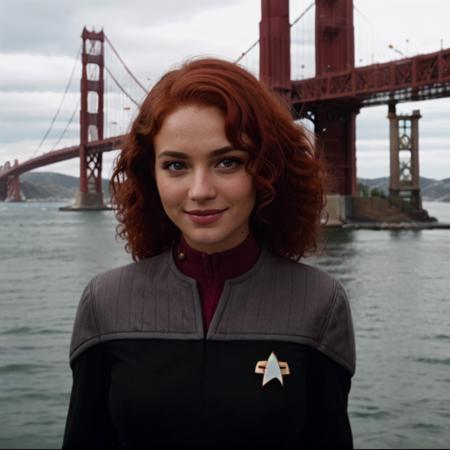 (ds9st black and red:1.2) uniform, masterpiece, realistic, extreme detail, 8k resolution, 1girl, cowboy photograph, 25-y.o. beautiful woman, (curly red hair:1.5), slim, toned, brown eyes, tanned skin, dark makeup, detailed skin, smile, (looking at camera:1.3), in front of the golden gate bridge, 35mm, kodak portra 400, focus on eyes  <lora:Ds9Divi:0.8>  <lora:epiCRealismHelper:1>