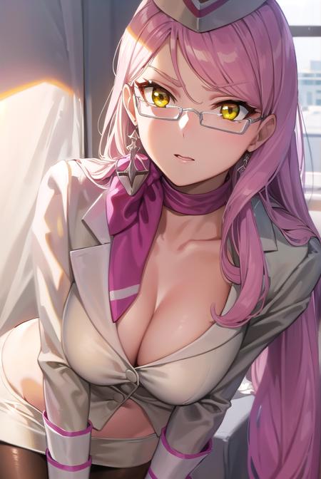 koyanskayaofdarkness, <lyco:koyanskayaofdarkness-lyco-nochekaiser:1>,
koyanskaya of darkness, long hair, pink hair, swept bangs, (yellow eyes:1.5),
BREAK brown pantyhose, choker, cleavage, collarbone, eyewear strap, flight attendant, garrison cap, glasses, gloves, grey-framed eyewear, hat, jacket, long sleeves, miniskirt, navel, neck ribbon, pantyhose, pencil skirt, ribbon, ribbon choker, skirt, travel attendant, white gloves, white jacket, white skirt,
BREAK looking at viewer,
BREAK indoors,
BREAK <lyco:GoodHands-beta2:1>, (masterpiece:1.2), best quality, high resolution, unity 8k wallpaper, (illustration:0.8), (beautiful detailed eyes:1.6), extremely detailed face, perfect lighting, extremely detailed CG, (perfect hands, perfect anatomy),