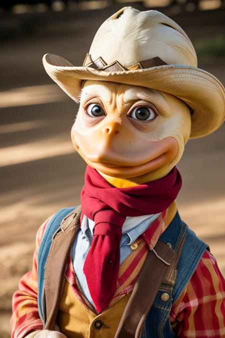 professional portrait photo of (h0w4rdth3duck:1.0) as western cowboy, duck bill, light bokeh, sharp focus