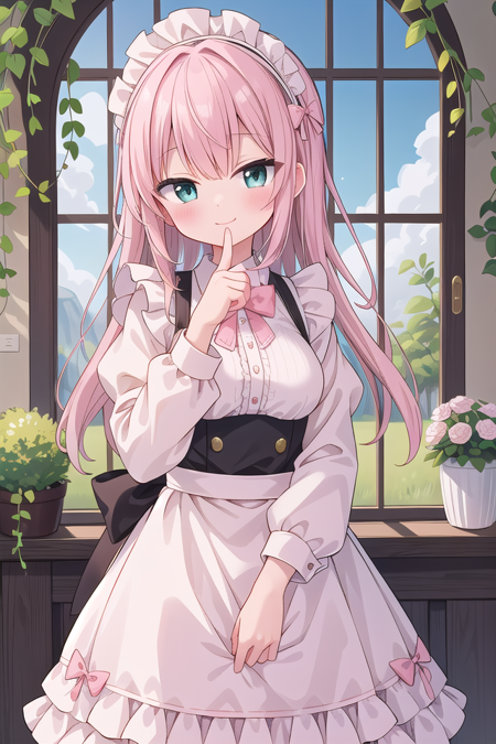 insanely detailed, absurdres, ultra-highres, ultra-detailed, best quality,
1girl, solo, nice hands, perfect hands,
BREAK
apron, blush, bow, bowtie, frilled apron, frills, long sleeves, maid, maid apron, maid headdress, waist apron, white apron
BREAK
smile, closed mouth
BREAK
finger to mouth, index finger raised, shushing, cowboy shot, looking at viewer,
BREAK
slender, kawaii, perfect symmetrical face, ultra cute girl, ultra cute face, ultra detailed eyes, ultra detailed hair, ultra cute, ultra beautiful,
BREAK
day, flower, ivy, leaf, indoors, open door, plant, potted plant, vines, window,
BREAK
white (pink:1.2) hair, green eyes, long hair, medium breasts, bangs, eyebrows visible through hair,