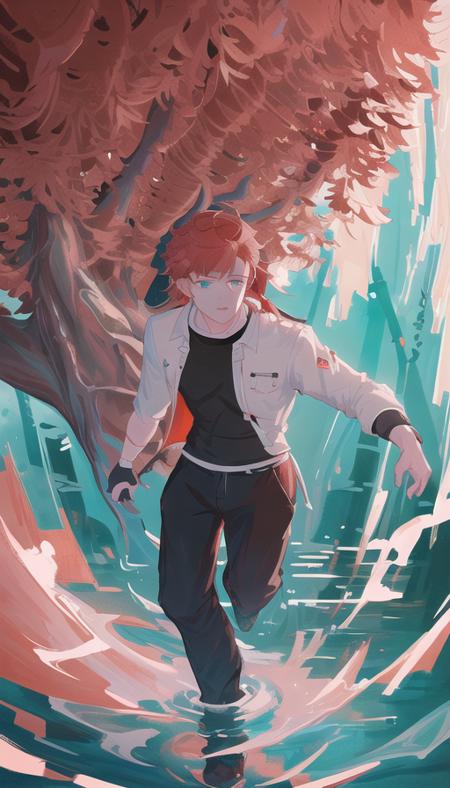 ((best quality,masterpiece, extremely detailed 8K wallpaper)),(highres),ultra-detailed,(cinematic lighting:1.3),((extremely detailed illustration)),(detailed light),dynamic angle,best shadow, 1boy, detailed face, detailed eyes, leonard_dung, aqua eyes. red hair, strips_mark_on_face, tree, flower, beautiful water,nature, forest,