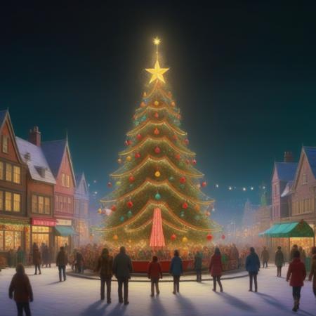 a festive small town with little people surround a giant christmas tree, against a winter wonderland background of colorful banners and colors,festive, deep rich colors, soft warm lighting, festive, joyful, 8k, highly detailed, art by john atkinson grimshaw and craig mullins