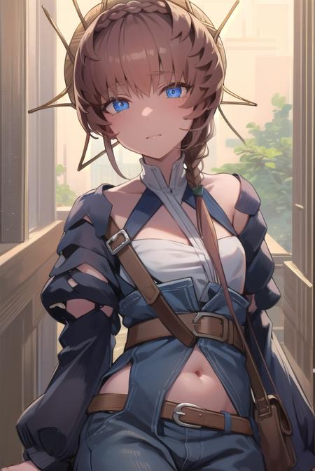 van gogh, blue eyes, braid, brown hair, crown braid, side braid, belt, black sleeves, blue overalls, buckle, clothing cutout, flower, navel, navel cutout, orange headwear, overalls, puffy sleeves, striped, striped headwear, sunflower, zipper pull tab,