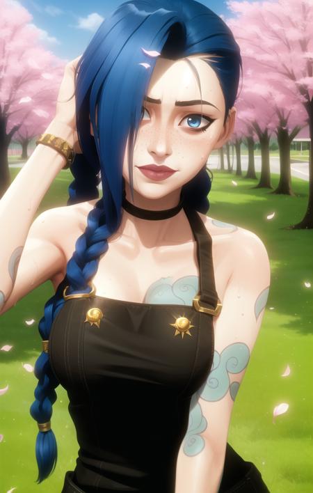 (masterpiece), high quality, 1girl, solo,
<lora:ArcaneJinx-v1-01:0.7>, ChopioArcaneJinx, long hair, very long hair, blue hair, shiny hair, braid, twin braids, blue eyes, glowing eyes, freckles, tattoo, asymmetrical bangs, arm tattoo, shoulder tattoo, lipstick, mascara, pale skin, (looking at viewer:1.3), 
outdoors, sun, sunny, sun diffraction, field, grass, standing, from front, (seductive smile:1), sideboob,
dungaree, cleavage, looking at viewer, sweat, <lora:sweat_lotion_v2:0.15>, cherry blossoms, falling petals, cute pose, (white shirt:1), strap slip,