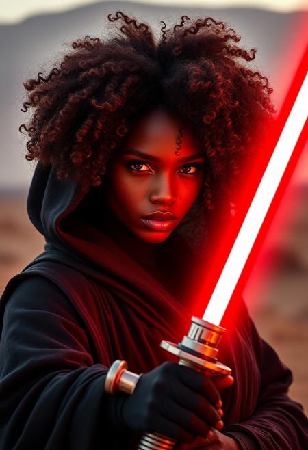 Highest quality, (cinematic lighting:1.1), action movie film still, a caramel skinned female dressed in black sith robes with glowing red details holding a red lightsaber ready to battle in a desert landscape. She has perfect skin, big Auburn afro puffs, Auburn eyes, and a strong jawline. She is stunningly beautiful with a seductive gaze. ambient glow from the lightsaber, photographed on a Nikon Z9, RF 35mm lens, F2.8, HDR, 8k, highly detailed, Cinestill 800T, dynamic angle, Her face is covered in sith tattoos.