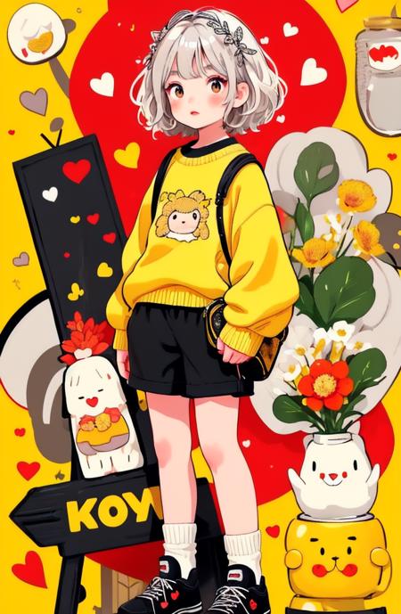 masterpiece, best quality
cute doodle, 1girl, shoes, solo, sweater, heart, white hair, short hair, long sleeves, shorts, yellow background, black footwear, black shorts, red eyes, socks, holding, food, leaf, blush, bottle, hair ornament, full body, standing, bag, flower
<lora:Cutedoodle_SD15-000008:0.65>