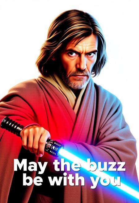 White and Red poster of old Obi-Wan Kenobi with a blue lightsaber
Poster "May the buzz be with you"