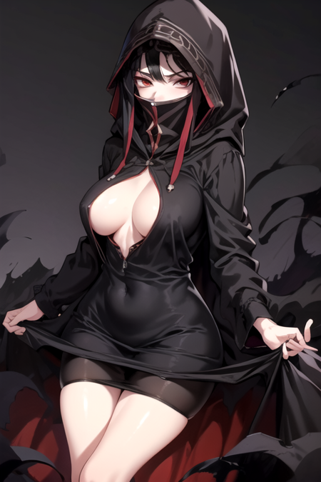 NNAssassinFSF, 1girl, solo, large breasts, black hair, red eyes, long sleeves, dress, hood, black dress, black cloak, hood up, black robe, covered mouth, hooded cloak