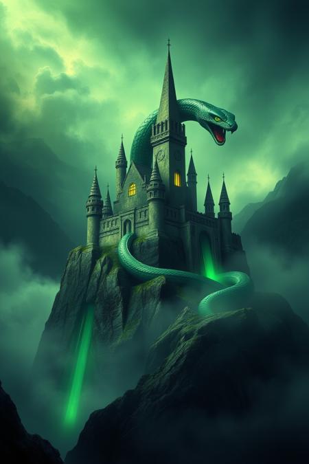 jade_snake. 0n1r1c. An impressive castle on a mountain ridge, guarded by a giant snake. dreamlike lighting and an ethereal atmosphere. Green aura, spooky glow.