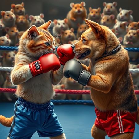 BOXING RING, A CAT WITH BOXING GLOVES AND BLUE SHORT PANTS FIGHTING WITH A DOG WITH BOXING GLOVES AND RED SHORT, BOTH ARE SWEATING, BACKGROUND A LOT OF HAMSTERS CHEERING
