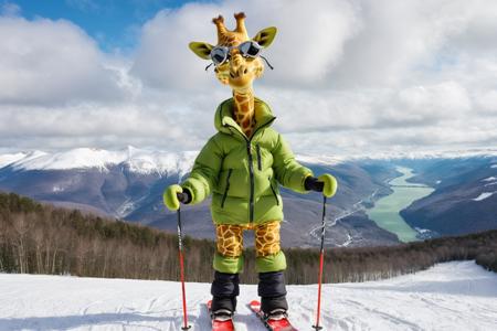 Anthropomorphic small green giraffe,  wearing a thick down jacket,  skiing in the cold winter,  lovely appearance,  in nordic mountains,<lora:EMS-37230-EMS:0.600000>