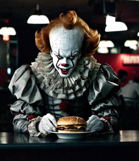 pennywise a creepy clown eating  an hamburger in Mcdonalds restaurant,  dark ambient  cinematic <lora:Pennywise:0.7>