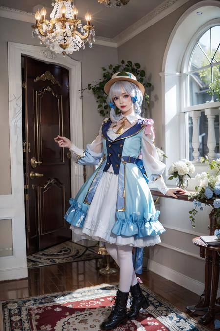 <lora:ayaka:0.75>,kamisato_ayaka,1girl,hat,blue hair, braid, blue eyes, white pantyhose, brown boots,standing, full body, blue dress, indoors, decorations, doors, chandelier, book shelf, window