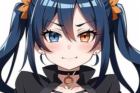 focus face, solo, 1girl, hair over face, hair covering face, dark blue hair, (heterochromia:1.25,(orange:1.3)),cute face, smirk, neck, choker, collarbone, cleavage, white collar, coat collar, white coat collar 