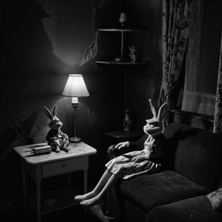 3h3dstyl, Bugs Bunny sitting solemnly in a dimly lit living room, her hands folded in her lap, dressed in a cardigan and skirt; a single lamp on a side table casts a narrow cone of light upward, creating a stark contrast with the surrounding darkness; behind her, floral curtains hang beside a shadowy corner shelf and a small tiered table holding decorative figurines, the walls stained and cracked, contributing to the eerie, somber atmosphere of the scene <lora:Eraserhead Style SDXL_v1:0.8> 3h3dstyl,monochrome, Kermit the Frog in dark vintage clothing sits rigidly beside an old gas stove, a cigarette clamped between pursed lips; stark overhead lighting casts deep shadows on the cracked kitchen wall behind her, evoking a mood of eerie domestic stillness <lora:Eraserhead_Style_SDXL:0.8>