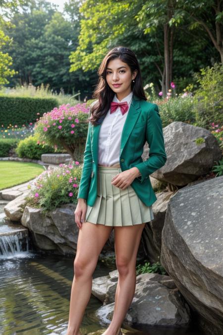 1 woman, detailed, realistic, standing, full body shot, scenic view, garden full of flowers, lily's, roses, flower:1.3, flowing water, rocks
<lora:Bowtie Blazer Dress By Stable Yogi:0.6> green blazer, bowtie, shirt, pleated skirt