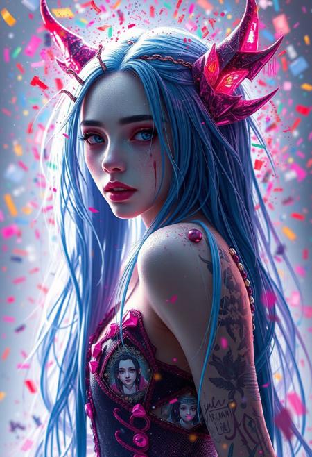 Visually stunning digital masterpiece of a magical "Jinx from Arcane", pale glistening skin, long blue hair. Art by Patrice Murciano, by Minjae Lee, By Carne Griffiths. Explosively expressive colors, scattered, fractured, maniacal. DeviantArt, Artstation, Artgasm, 3D Octane Render.