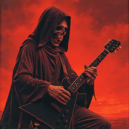 Dark art of an cloaked ominous monk from the 70s-style pulp paintings playing a violent guitar solo on a black V-guitar with a crazedlook on his skeletal face, The sky is red and otherworldy. The monks grinning skeletal face is barely visible. Duotone: Burnt orange and deep plum. Mood: Occult ritual meets 80's crinkled concertposter art style. Grim reaper, doom metal-style, gritty, desert ritual, tales from the crypt