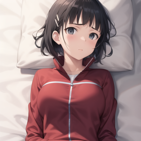 <lora:suguha-05:0.8>, zodiac_suguha, 1girl, solo, white shirt under zipped red jacket, short hair, black hair, dark gray eyes, lying on bed