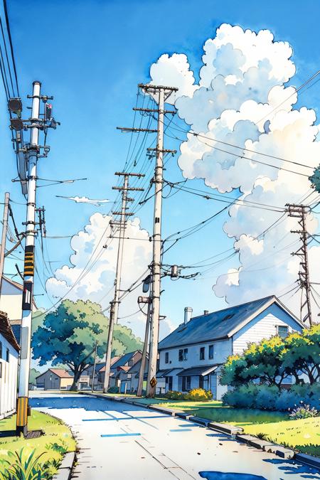 no humans, outdoors, power lines, house, sky, utility pole, tree, scenery, traditional media, day, cloud, plant, blue sky, road, building, bush, grass, painting (medium), watercolor (medium), town <lora:Pastel color_20230816152956-000003:0.9>