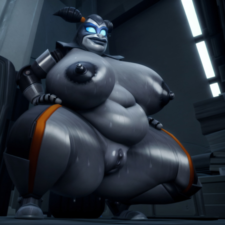obese, female, robot, superhero costume, mask, robotic hair in a pigtail, gray skin