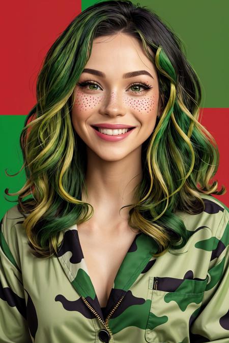 pop art, vibrant colors, iconic, bold outlines, dotted headshot <lora:NatalieLevin_v1-000038:1> NatalieLevin, focus on smiling face, wearing camo , her malachite green color hair is styled as wavy bob hair,