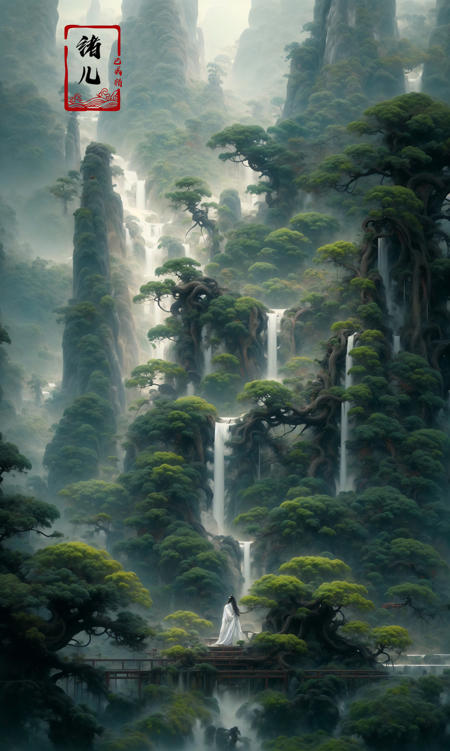 an painting in a style of oriental painting, in the style of matte painting, layered and atmospheric landscapes, rich and immersive, quiet contemplation, dark white and green, history painting, zen-inspired, grandeur of scale
highly detailed, dynamic, cinematic, stunning, realistic lighting and shading, vivid, vibrant, 8k,octane render, unreal engine, very detailed, concept art, realistic, Cry engine, wide shot
1 girlvery long hairwhite hair(upper body:1.0)
<lora:~Q?-g~ pine:0.9>