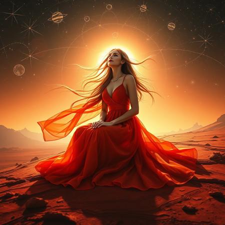 "A celestial girl embodying the fiery and passionate energy of Mars, sitting gracefully on the red surface of planet Mars. Her aura radiates warmth, strength, and confidence, yet her eyes shine with deep kindness and romantic charm. She wears a flowing, cosmic-red dress that blends with the Martian landscape, glowing softly under the distant sunlight. The winds of Mars gently move her hair as she gazes at the sky, filled with cosmic wonders. The atmosphere is mystical, with a dreamy, ethereal glow surrounding her, symbolizing her deep connection to astrology and the universe. A perfect balance of power, love, and cosmic beauty."