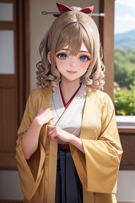 hatakaze hair between eyes ponytail hair rbbon japanese clothes white kimono haori black hakama hakama skirt