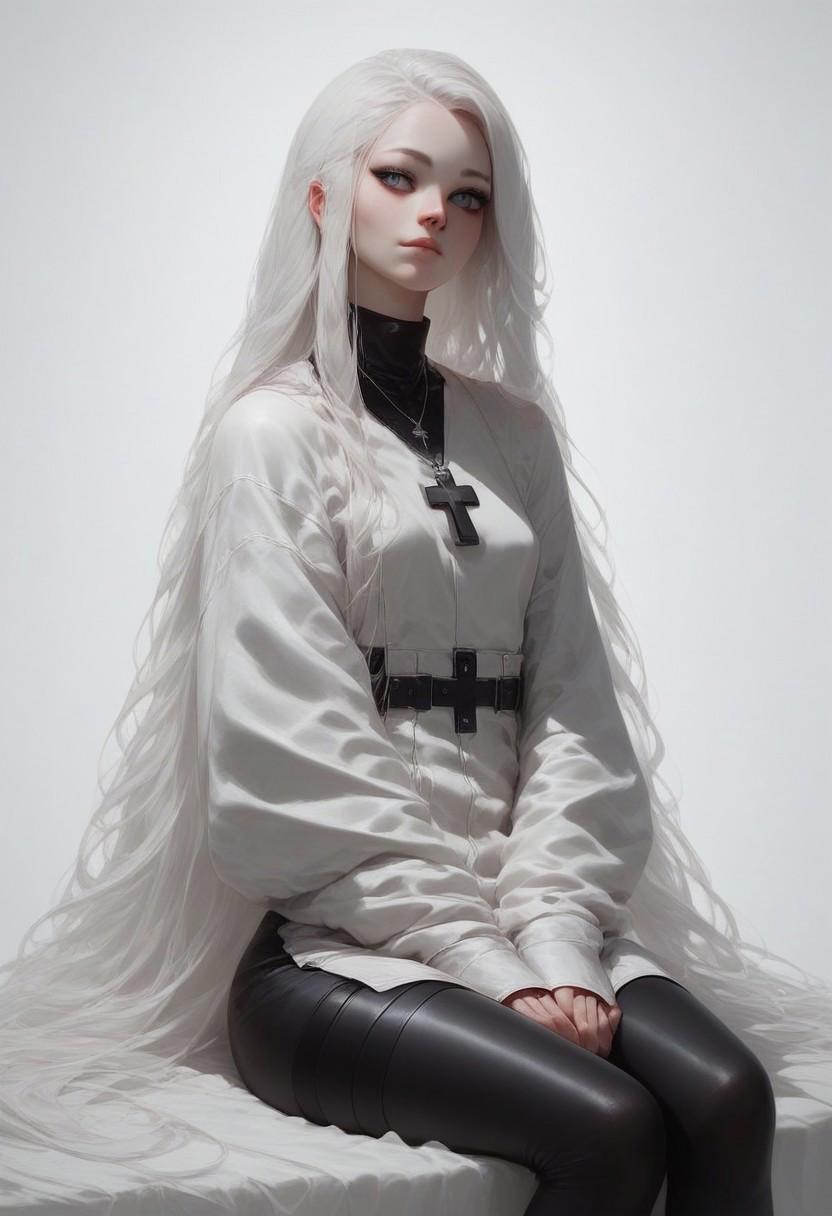 score_9, score_8_up, score_7_up, score_6_up, 1girl, 30 years old, studio photo, gray eyes, white hair, long hair, white pale skin, huge cross necklace, oversized clothes, black straitjacket, black clothes, leather clothes, long clothes, black leggings, sitting, skinny body, low fat body, small breasts, cinematic lighting, realistic style, proportional body,