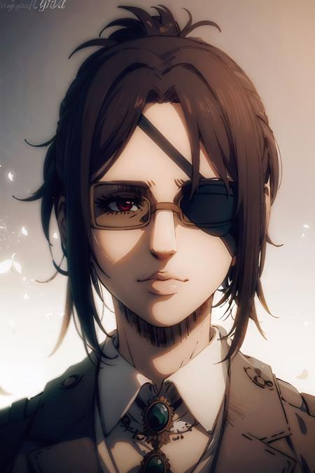 portrait of beautiful HangeAOT, 1girl, solo, black_hair, glasses, eyepatch, brown_background, volumetric lighting, best quality, masterpiece, intricate details, tonemapping, sharp focus, hyper detailed, trending on Artstation, <lora:HangeAOT:1>