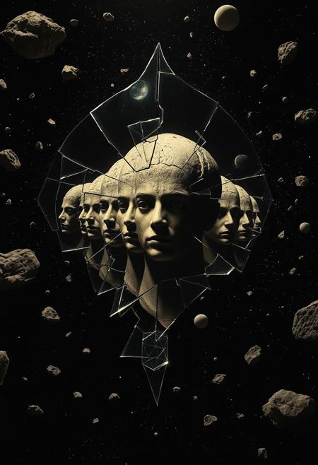 - A shattered mirror in space reflecting multiple versions of the same human face as planets/hybrids, floating through an asteroid field
- Influenced by the works of Magritte & Dali
- Dreamlike chiaroscuro lighting and shattered symmetry