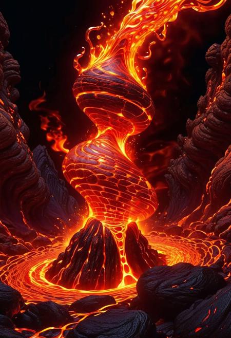 (An incandescent lava spirit dancing on molten rocks:1.4), (fiery trails swirling in mesmerizing patterns:1.2), (glowing with primal energy:1.3), passionate and untamed, (in the style of Android Jones and Moebius:1.1), fluid lines, molten details, (emanating volcanic heat:1.5), dark red background, high contrast, (embodiment of Earth's core:1.2), lora:lava_elemental_v2:0.9