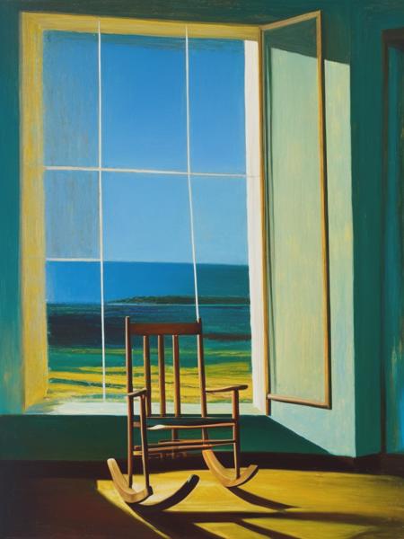 <lyco:SidneyNolan:1.0> painting by Sidney Nolan, A dimly lit room with a single wooden rocking chair, empty and still, placed near a window. The window is slightly ajar, allowing a soft breeze to rustle the faded curtains, by Sidney Nolan