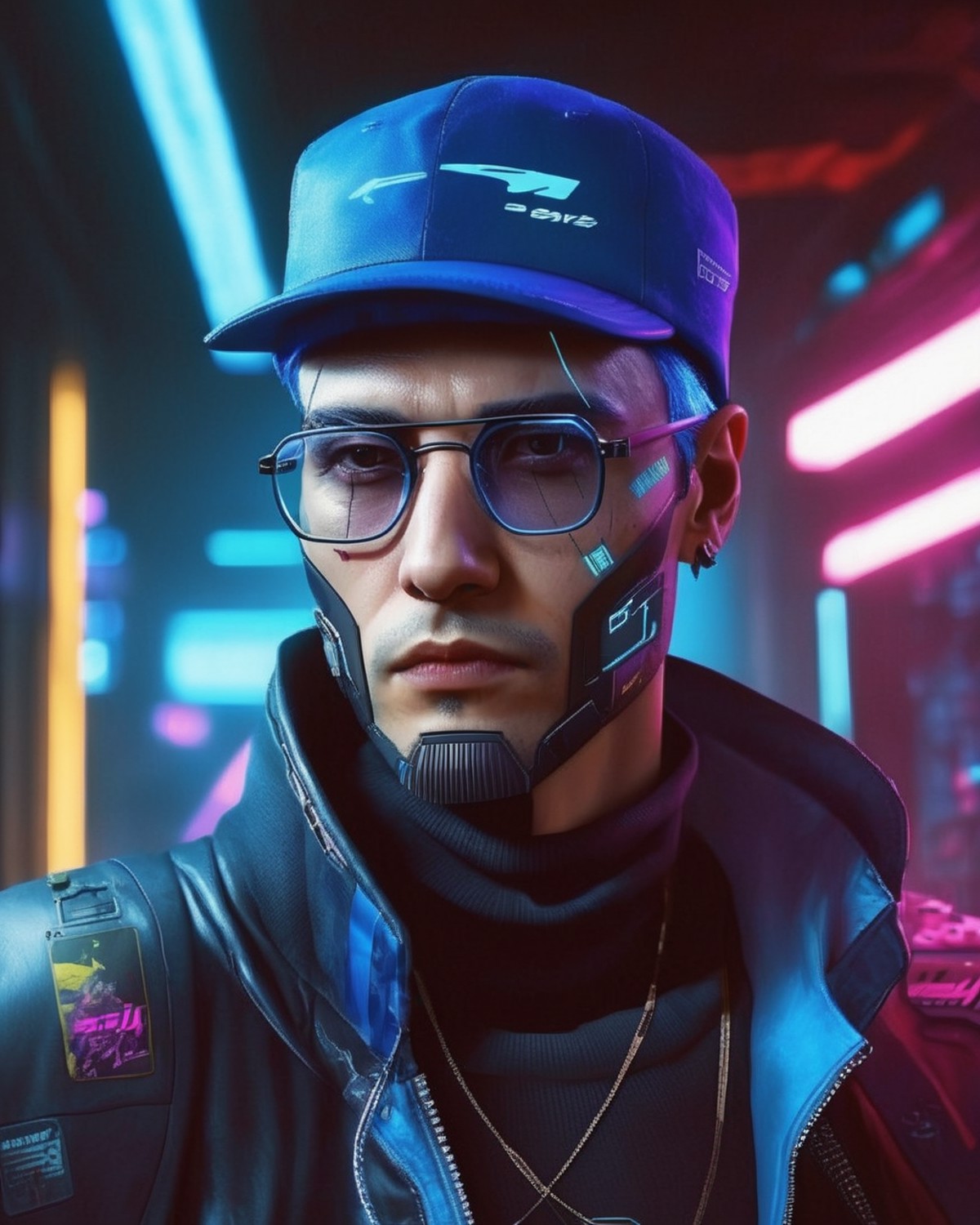 photography ,  a man wearing a blue hat and glasses , cyberpunk style , cyberpunk 2077<lora:cyber_aesthetic_sdxl:1.0>