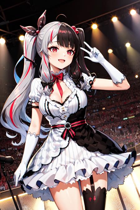 masterpiece, best quality, highres, rena1, 1girl, solo, multicolored hair, red eyes, black hair, white elbow gloves, split-color hair, streaked hair, twintails, white dress, two-tone hair, cleavage, hair ornament, ahoge, animal ear legwear, hair ribbon, mismatched legwear, bangs, grey hair, striped, red hair, black ribbon, two-tone dress, hair bobbles, vertical stripes, black bow, large breasts, very long hair, hair bow, <lora:yorumi_rena_v10:0.8>, (on the stage), singing, smile,