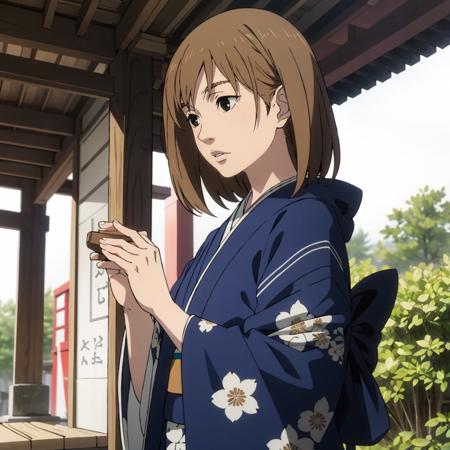 <lora:Noguchi001:0.7>,
Noguchi,1girl,
brown hair,
print_kimono,shrine,