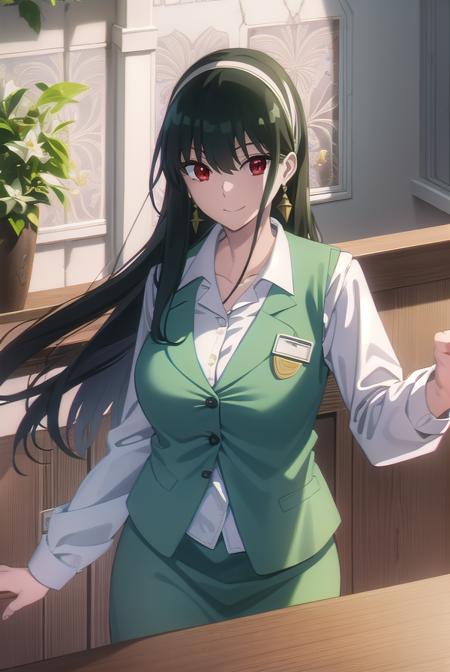 yorbriar, <lora:yor briar s1-lora-nochekaiser:1>, 
yor briar, black hair, (red eyes:1.5), earrings, gold hairband, hairband, long hair, sidelocks, smile,
BREAK skirt, shirt, long sleeves, white shirt, earrings, collared shirt, vest, green skirt, pencil skirt, office lady, (green vest:1.5),
BREAK indoors, office,
BREAK looking at viewer, (cowboy shot:1.5),
BREAK <lyco:GoodHands-beta2:1>, (masterpiece:1.2), best quality, high resolution, unity 8k wallpaper, (illustration:0.8), (beautiful detailed eyes:1.6), extremely detailed face, perfect lighting, extremely detailed CG, (perfect hands, perfect anatomy),