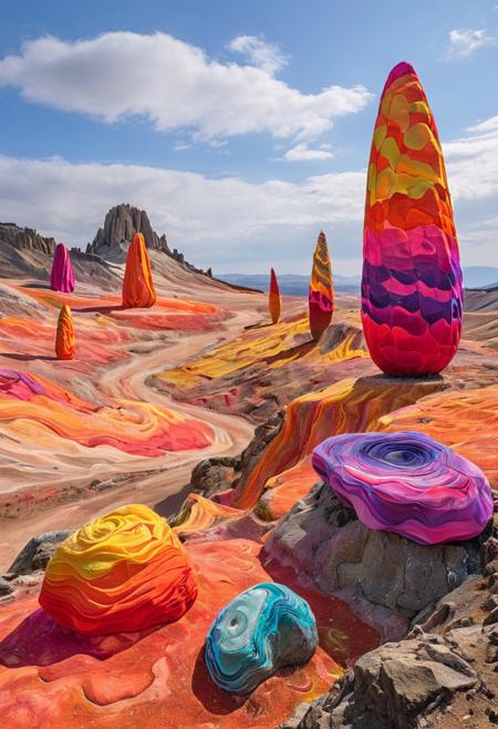 psychadelic, A minimalist, windswept landscape where vibrant, sculptural fabric installations merge with natural rock formations