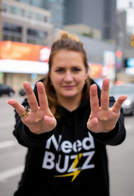 Woman with spread hands towards viewer palms up as if to recieve something on hand, wearing black hoodie with text "Need BUZZ" and yellow lightning bolt logo, blurry city background,