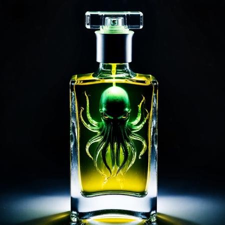 A professional photo of a luxury bottle of cologne for men, dark background, sleek composition, and while the cologne is transparent and slightly yellow and green, the bottle is made of transparent glowing luminious crystal. Inside the bottle is a lovecraftian diety cthulu swimming around, highly detailed with multiple appendages. Camera angle: eye level. epic composition,8K,UHD,photorealistic,high detail,highly detailed, aaa graphics,sharp,1qqq,cthulu inside the bottle,cthulhu,lovecraftian entity,lum1, crystal bottle,spectral glow,
