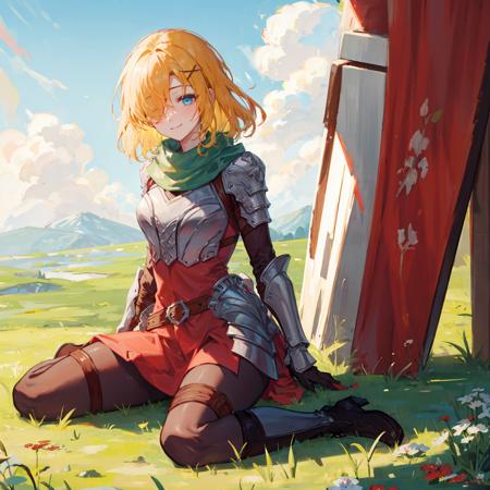 masterpiece, best quality, 1girl, grass field,flower,sitting ,wariza,looking at viewer,blonde hair, armor, red hair band, breastplate,shoulder armor, light smile,bangs , (armor boots),boots ,, green scarf ,armored boots,upper body, hair over one eye ,hair over one eye ,blue eyes ,gloves ,holding ,pantyhose ,   <lora:future_princess-05:1>