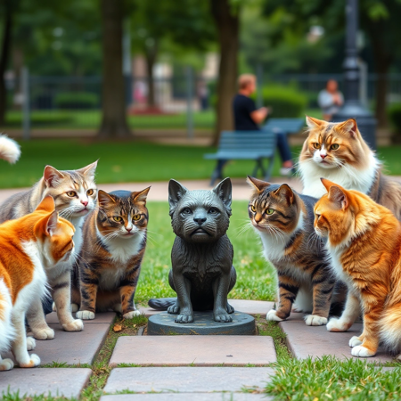 A group of angry cats are in a staring contest with a small statue of a dog in a park. The cats are ready to strike down the mangy mutt in the name of cats everywhere!