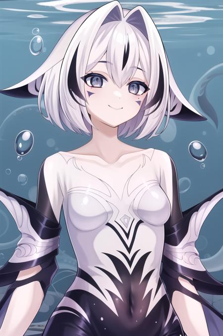 General prompt: <lora:KiliaKurayami-v1-06:0.7>, ChopioKiliaKurayami, head fins, white hair, black hair, short hair, streaked hair, hair intakes, hair between eyes, facial mark, grey eyes, white skins, (looking at viewer:1.3), Outfit_1: outfit_1, bodysuit, skin tight, detatched sleeves, gem, covered navel, wide sleeves, purple hands, cetacean tail, blue tongue, sharp teeth,