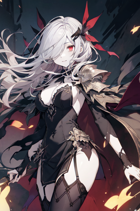 BeastDAL, 1girl, solo, pale skin, white hair, very long hair, red eyes, black thighhighs, hair over one eye, black dress, cleavage, medium breasts, cape, garter straps, torn cape, ribbon, detached sleeves, shoulder armor, side slit, pauldrons, black sleeves, sideboob, 