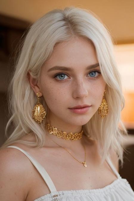 (1girl:1.15), short voluminous fluffy bright white hair, (European:1.3), blue eyes, (close up face:1.3), (25 years old, young:1.2), white dress, (earrings:1.2), piercing, jewelry, (inviting expression:1.3), choker, (cream eyeliner:1.2), with subtle freckles, subtle skin blemishes, visible skin pores, natural skin texture, cozy bedroom, photorealistic, masterpiece, (golden hour:1.3), (warm glow:1.3), warm colors, (80mm f/1.2 portrait:1.3), RAW Photograph, leica full frame camera, high quality, insane details, masterpiece, 8k