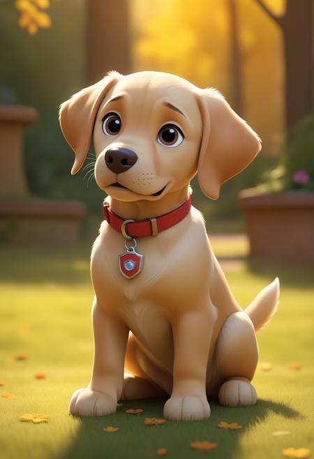 cartoon of a golden labrador, (in the style of pixar, disney and paw patrol) , warm vibrant colours, natural lighting, dappled lighting, diffused lighting