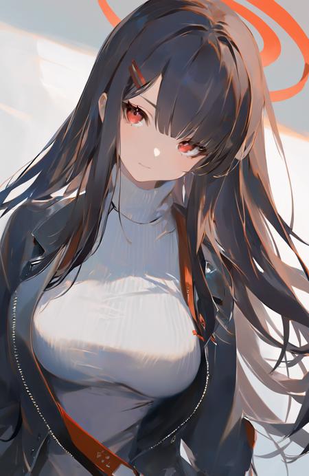 masterpiece, best quality,1girl, solo, red eyes, black hair, long hair, halo, looking at viewer, hair ornament, jacket, upper body, bangs, hairclip, closed mouth, breasts, turtleneck, white sweater, open jacket, open clothes, black jacket 
////////, <lora:reikoXL128dim-000101:1>