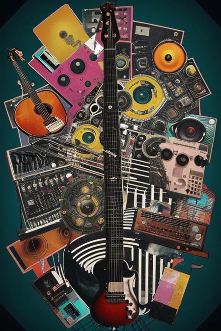 Create a striking abstract collage using vibrant cutout images of musical instruments. Blend them together in an unusual way with glitch effects.