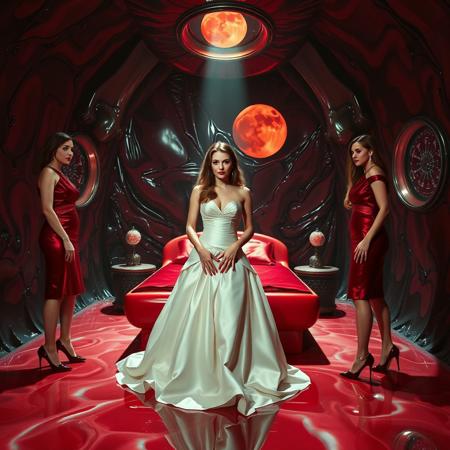 high-society elegant slender norvegian rich innocent young bride  undressed in front of whorish red glossy bed by strict dominant ladies wearing  glossy satin dominatrix attire and glossy high heels, fleshy jelly floor, encased in light beam from the alien breeding chamber celling, , weird wet-look black slime  walls, colossus observation portholes to outer space full of stars, bright red moon, vintage-inspired makeup, long hairs, ultra thin waist, evil grin, porcelain skin, lipstick, red nails, in the style of a haunting, retro-futuristic 1950s sci-fi nightmare, horror, alien space base,,